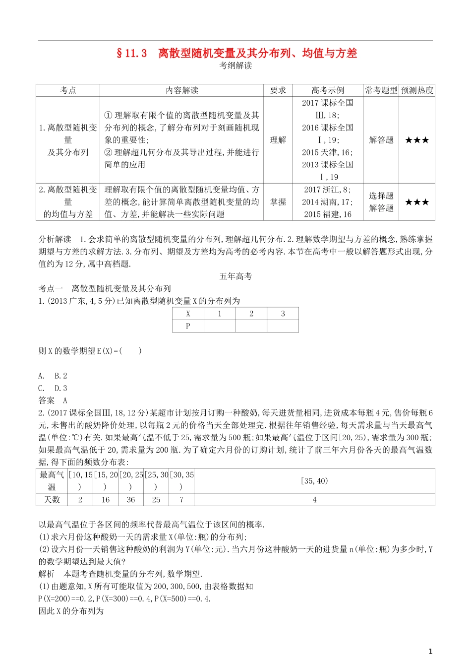 高考数学一轮复习 第十一章 概率与统计 11.3 离散型随机变量及其分布列、均值与方差练习 理-人教版高三全册数学试题_第1页