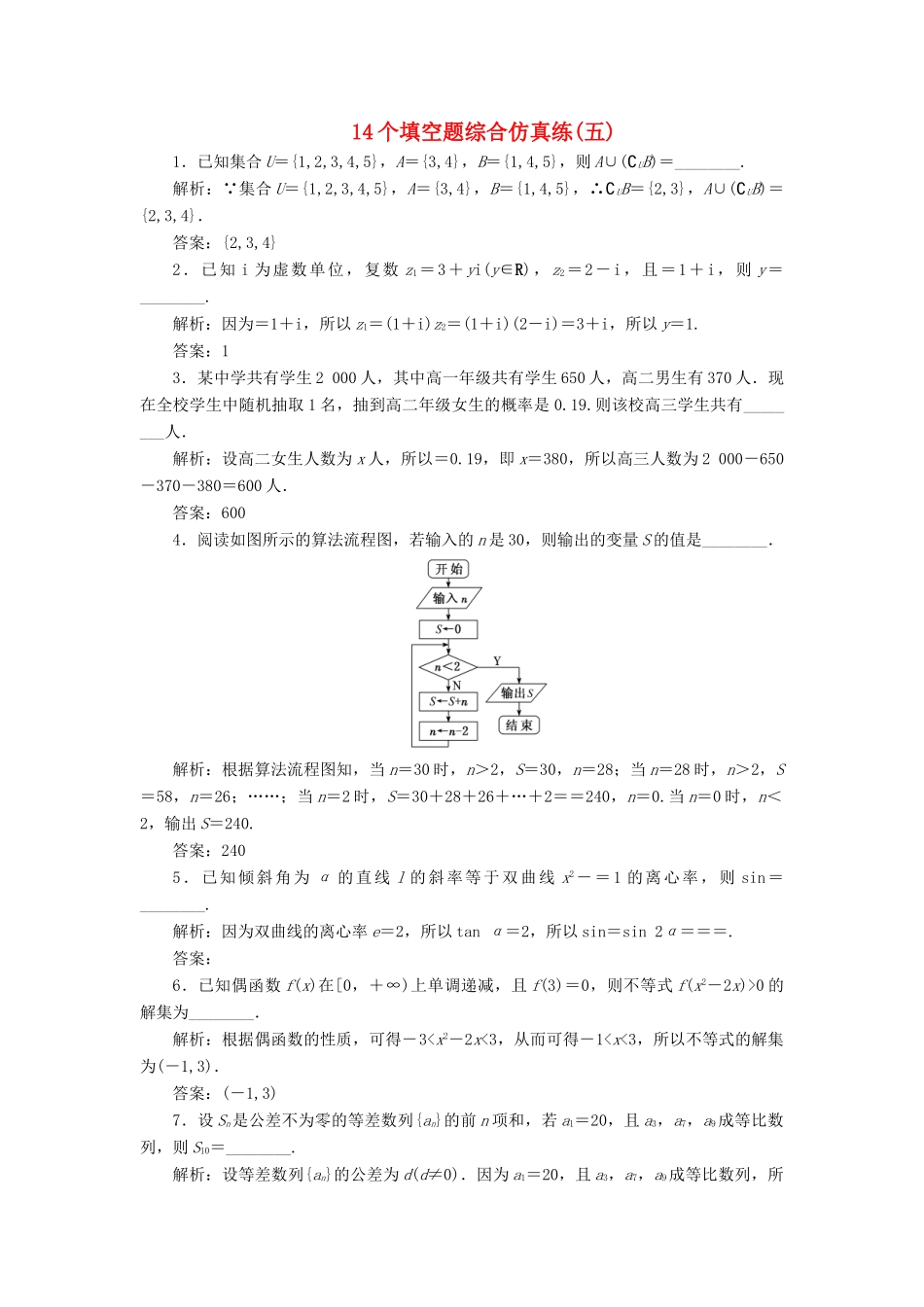 江苏省高考数学二轮复习 自主加餐的3大题型 14个填空题综合仿真练（五）（含解析）-人教版高三全册数学试题_第1页