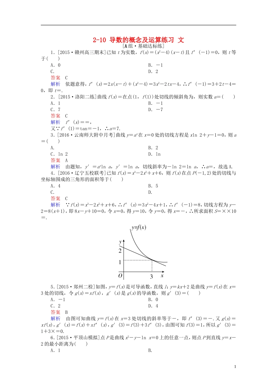 高考数学一轮复习 第二章 函数、导数及其应用 2-10 导数的概念及运算练习 文-人教版高三全册数学试题_第1页