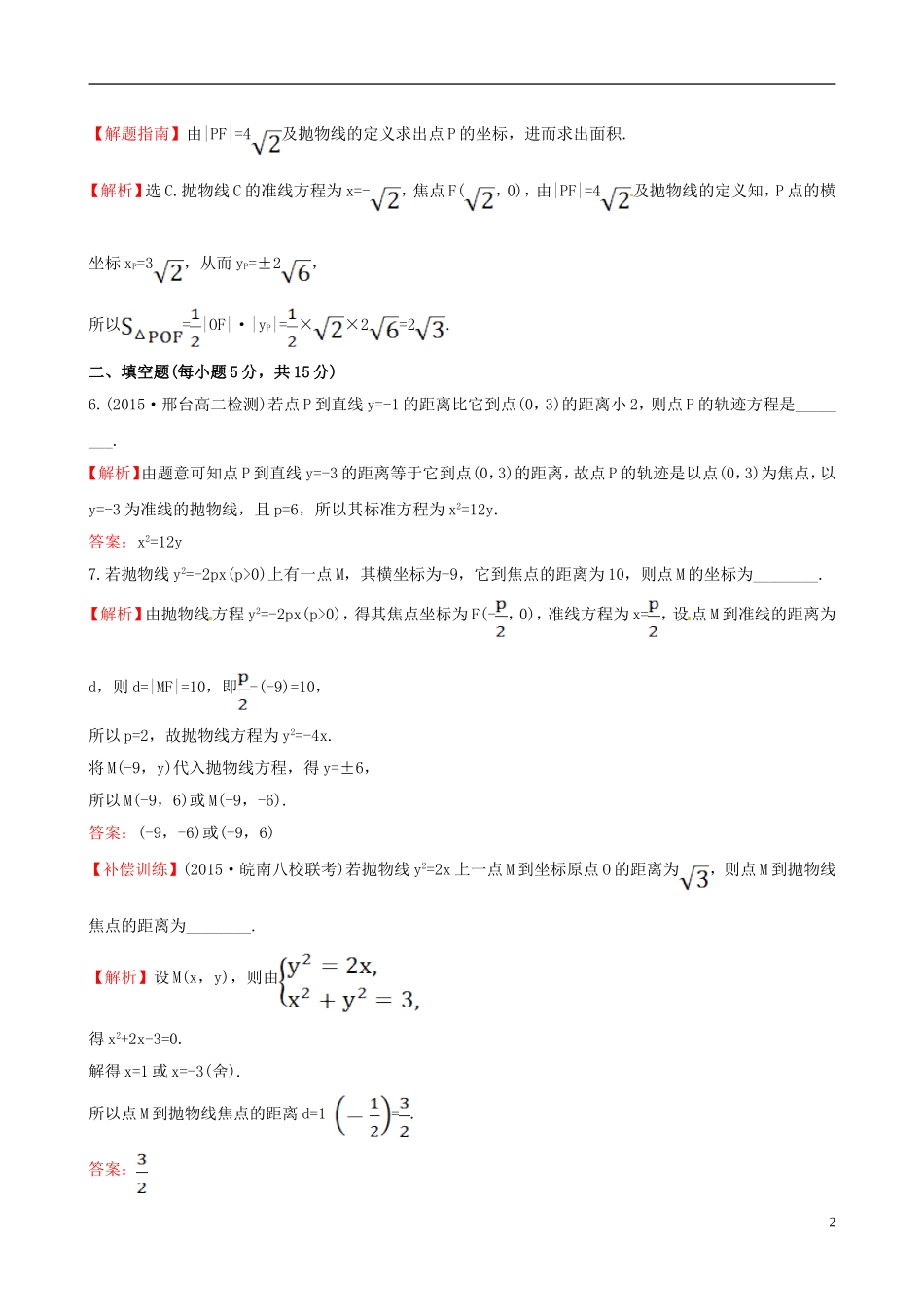 高中数学 第二章 圆锥曲线与方程 2.3.1 抛物线及其标准方程课时提升作业1 新人教A版选修1-1-新人教A版高二选修1-1数学试题_第2页