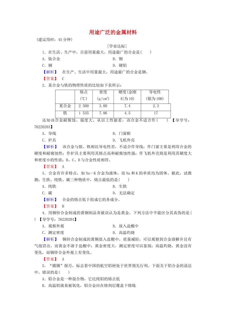 高中化学 第3章 金属及其化合物 第3节 用途广泛的金属材料学业分层测评 新人教版必修1-新人教版高一必修1化学试题_第1页