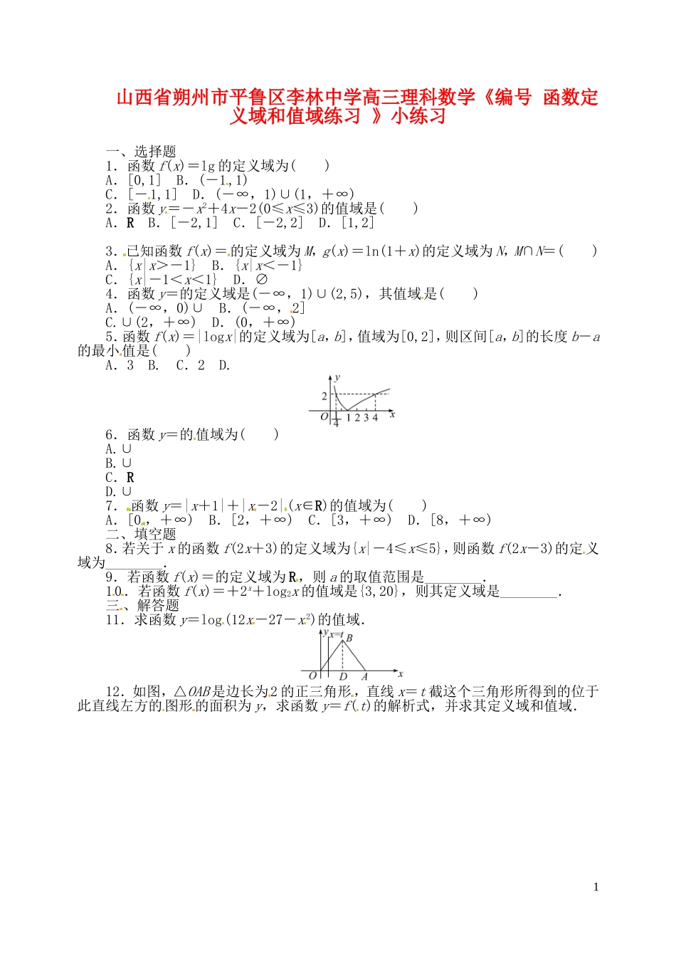 山西省朔州市平鲁区李林中学高三数学《函数定义域和值域练习》小练习 理_第1页