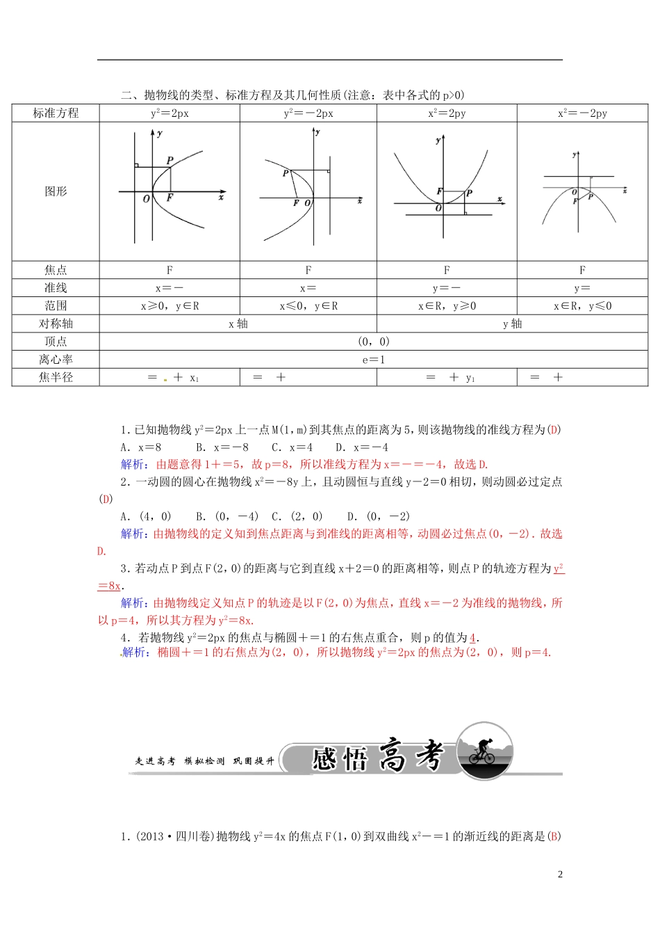 高考数学一轮复习 7.9抛物线（一）练习 理-人教版高三全册数学试题_第2页