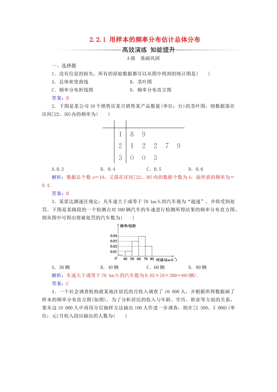 高中数学 第二章 统计 2.2.1 用样本的频率分布估计总体分布练习（含解析）新人教A版必修3-新人教A版高一必修3数学试题_第1页