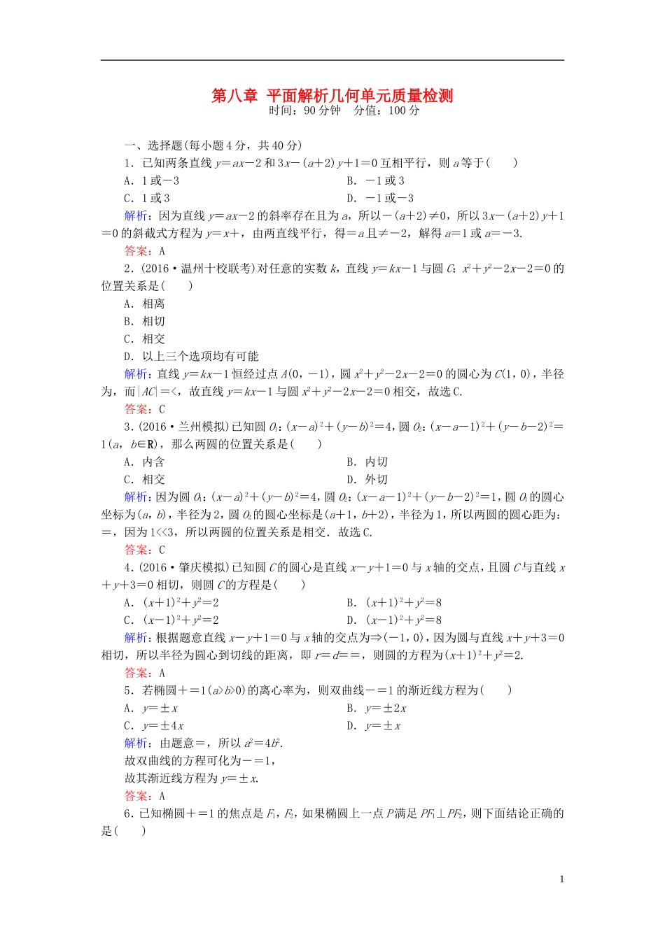 （新课标）高考数学大一轮复习 第八章 平面解析几何质量检测 理-人教版高三全册数学试题_第1页