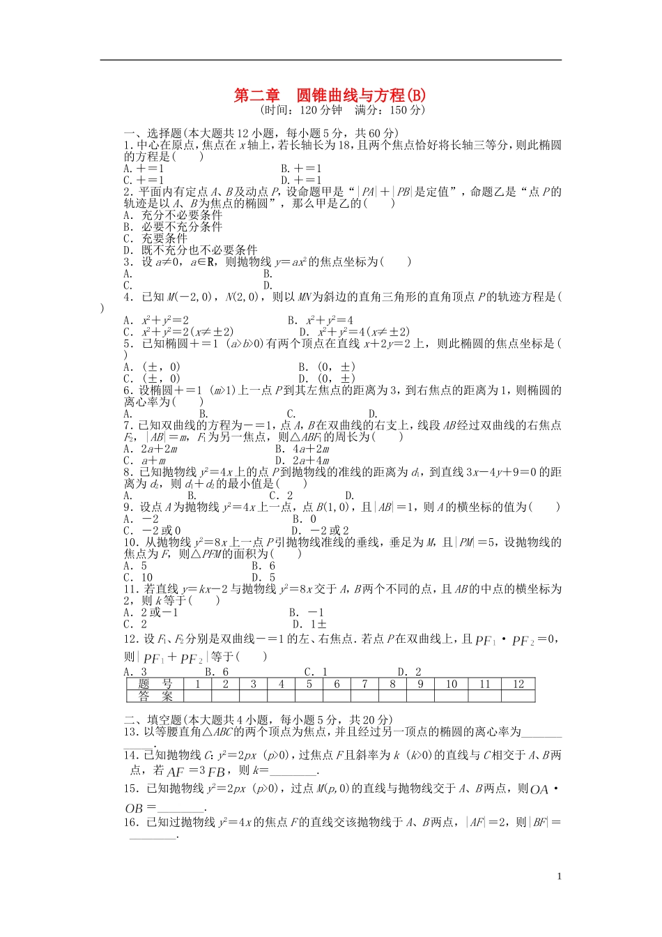 高中数学 第二章 圆锥曲线与方程单元检测（B卷）新人教A版选修1-1-新人教A版高二选修1-1数学试题_第1页