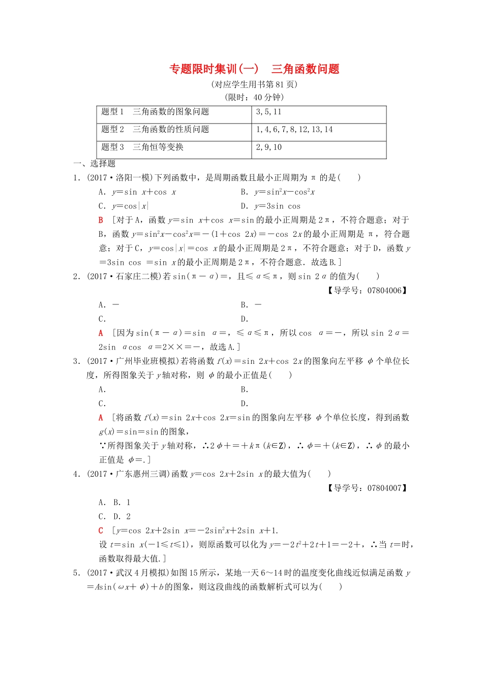 高考数学二轮复习 第1部分 重点强化专题 专题限时集训1 三角函数问题 理-人教版高三全册数学试题_第1页