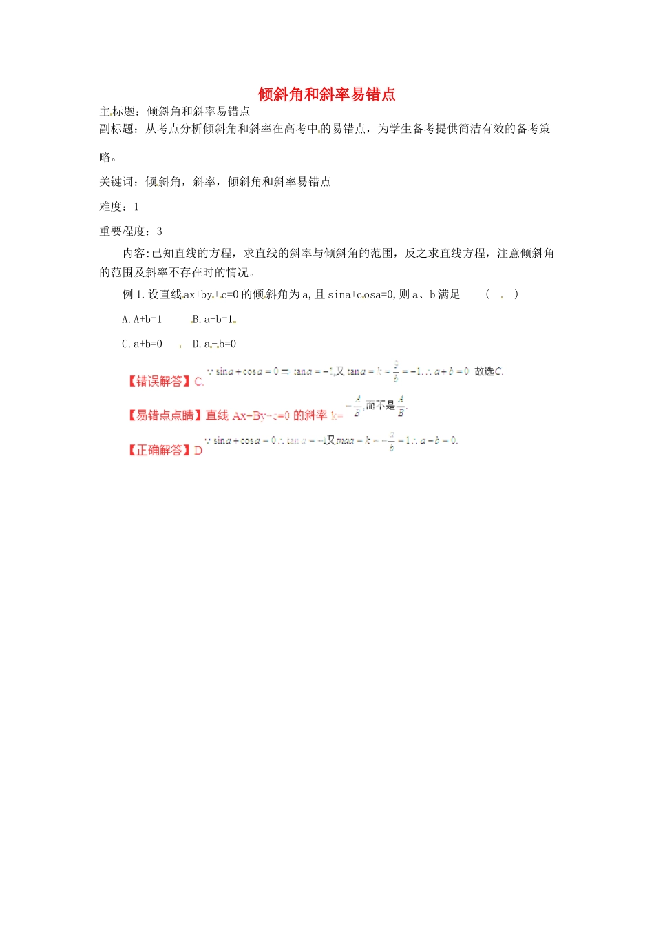 高考数学复习 专题15 解析几何 倾斜角和斜率易错点-人教版高三全册数学试题_第1页