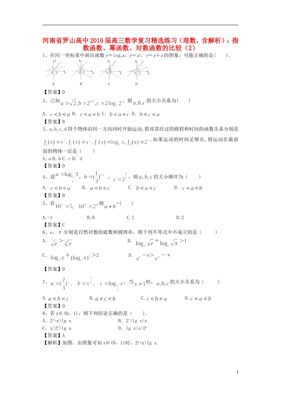 高中高考数学二轮复习 指数函数、幂函数、对数函数的比较精选练习（2）理-人教版高三全册数学试题_第1页