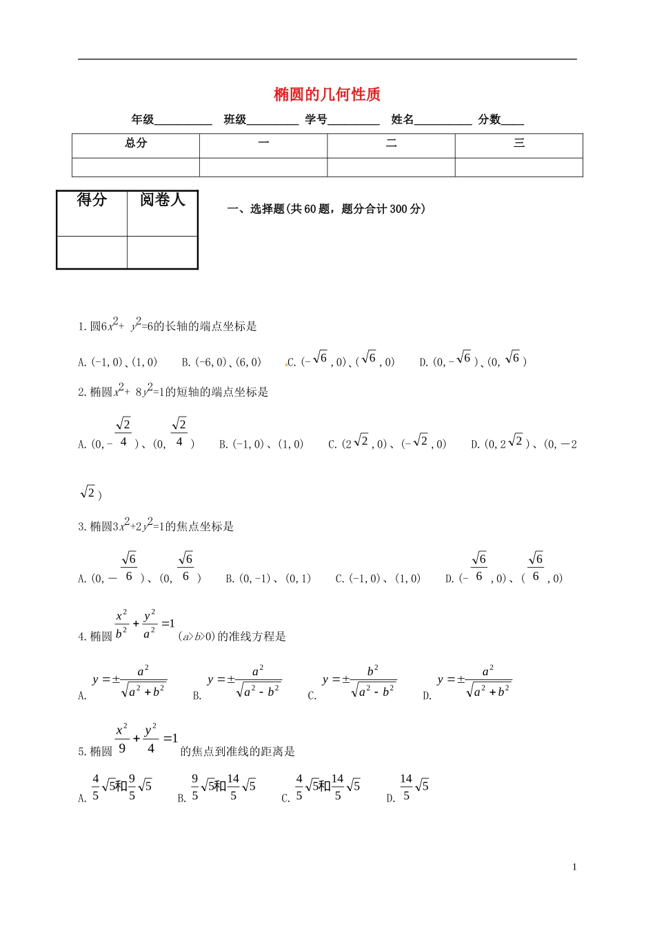 高中数学 第二章 圆锥曲线与方程 2.2.2 椭圆的简单几何性质测试 新人教A版选修2-1-新人教A版高二选修2-1数学试题_第1页