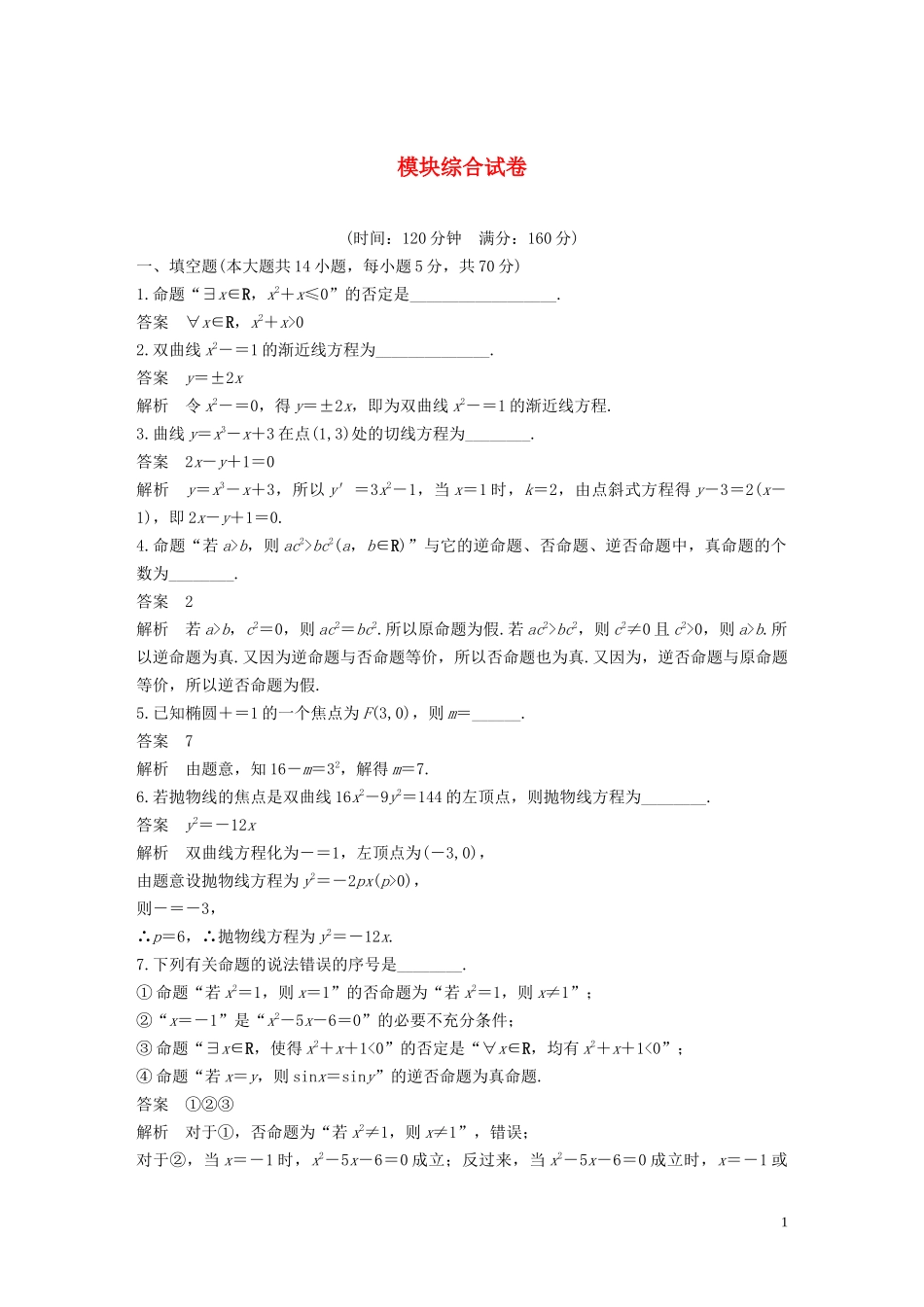 高中数学 模块综合试卷 苏教版选修1-1-苏教版高二选修1-1数学试题_第1页
