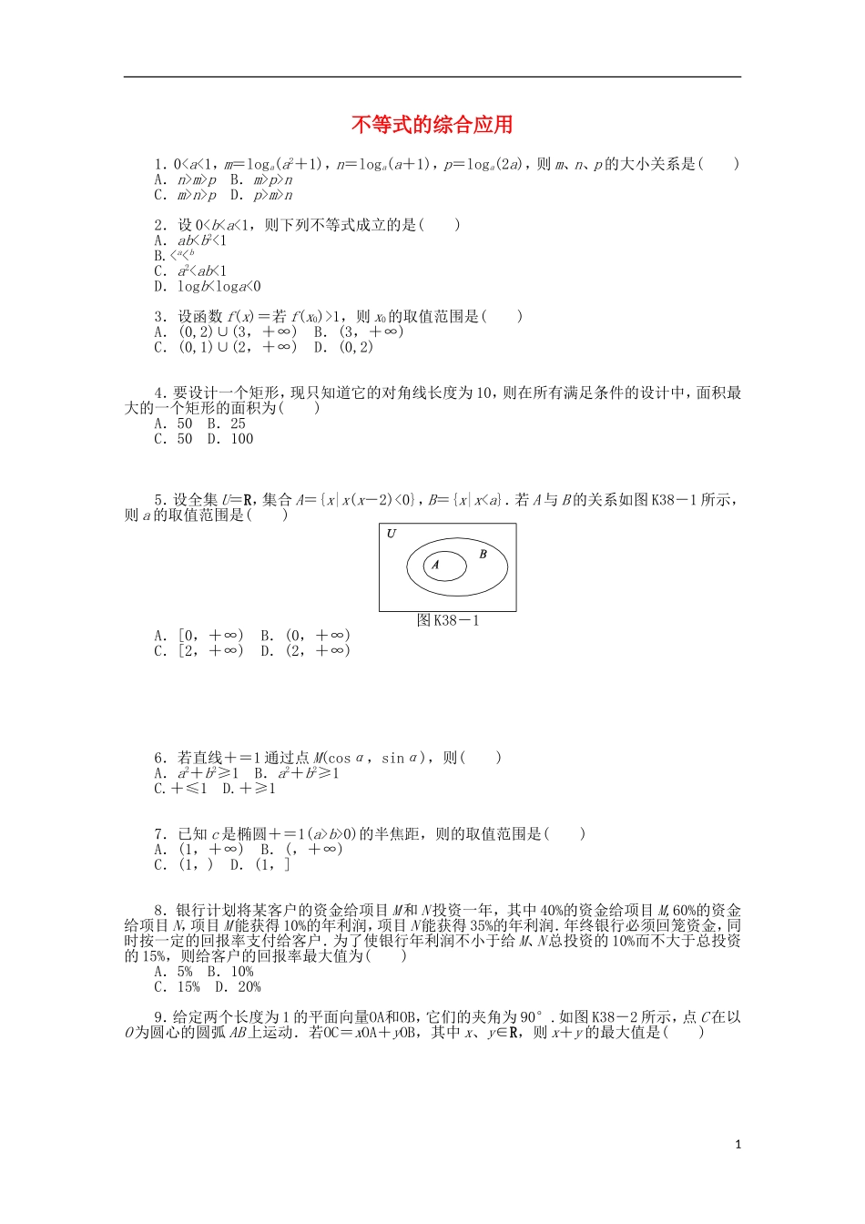 高考数学一轮复习 不等式的综合应用基础知识检测 文-人教版高三全册数学试题_第1页