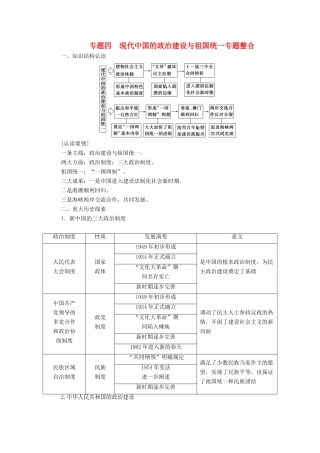 高中历史 专题四 现代中国的政治建设与祖国统一专题整合练习（含解析）人民版必修1-人民版高一必修1历史试题
