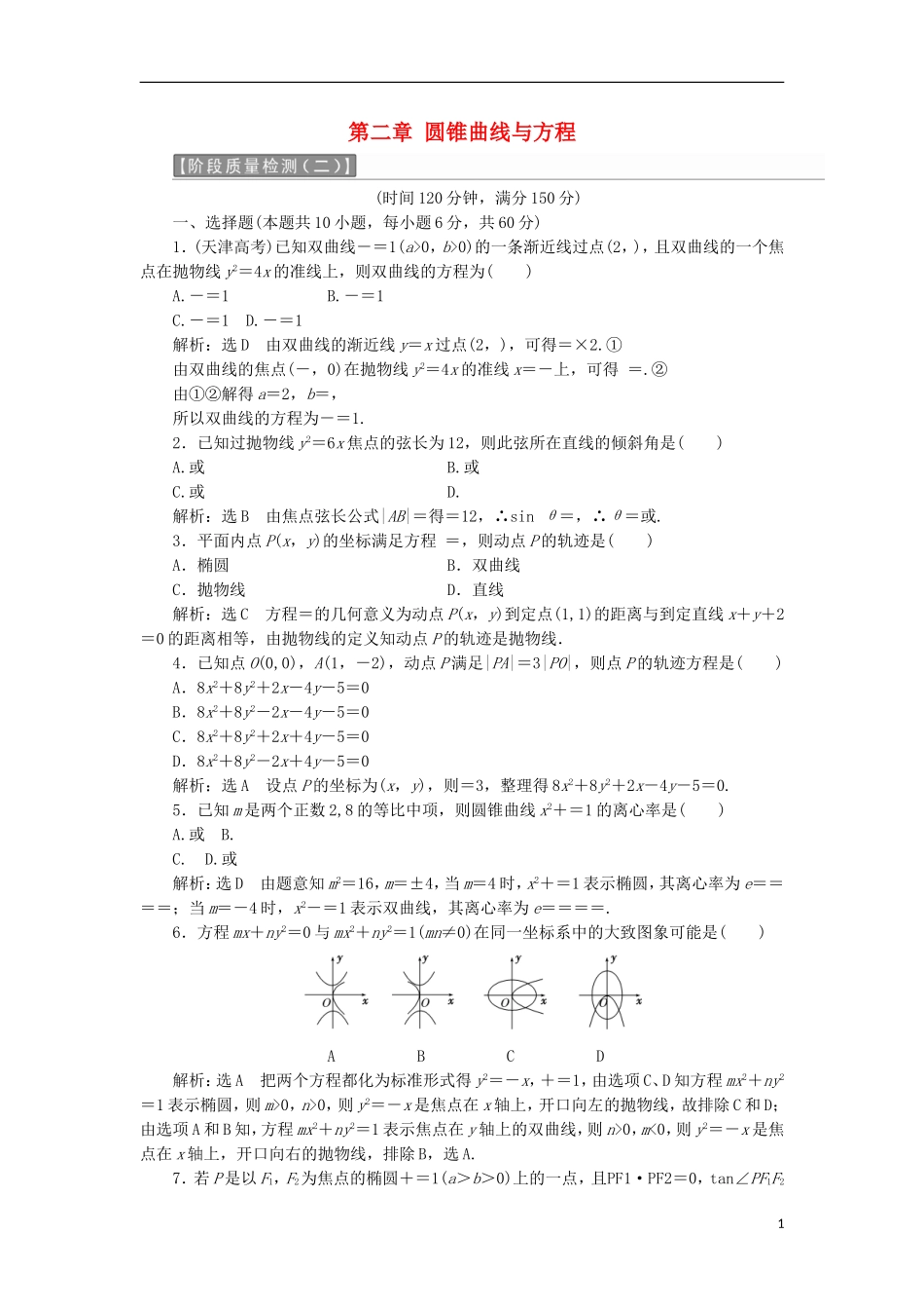 高中数学 第二章 圆锥曲线与方程阶段质量检测B卷（含解析）新人教A版选修2-1-新人教A版高二选修2-1数学试题_第1页