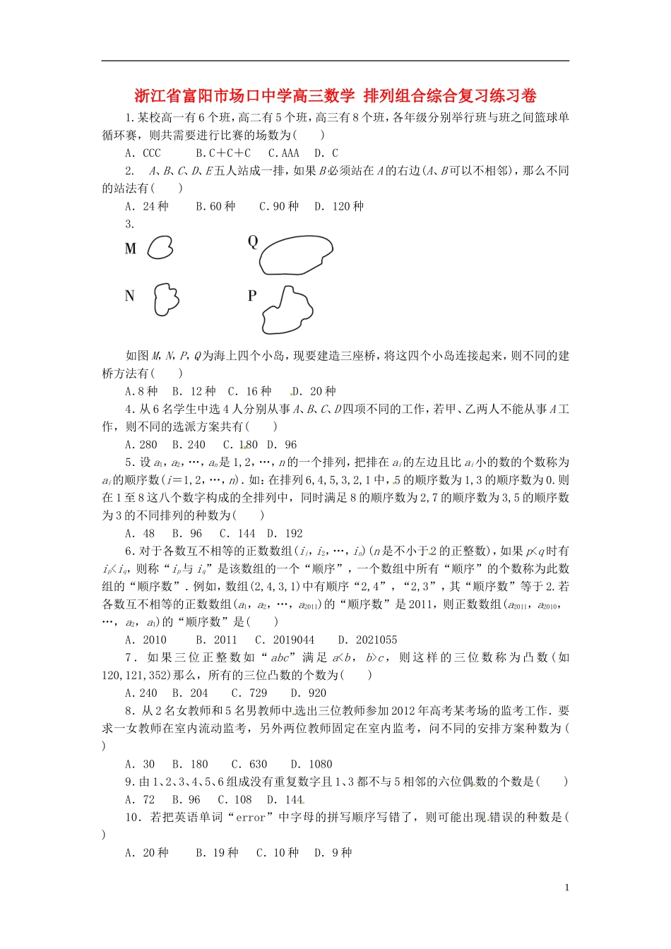 浙江省富阳市场口中学高三数学 排列组合综合复习练习卷_第1页