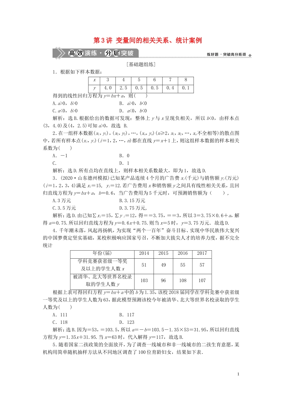 高考数学一轮复习 第十一章 统计与统计案例 第3讲 变量间的相关关系、统计案例练习 理 北师大版-北师大版高三全册数学试题_第1页