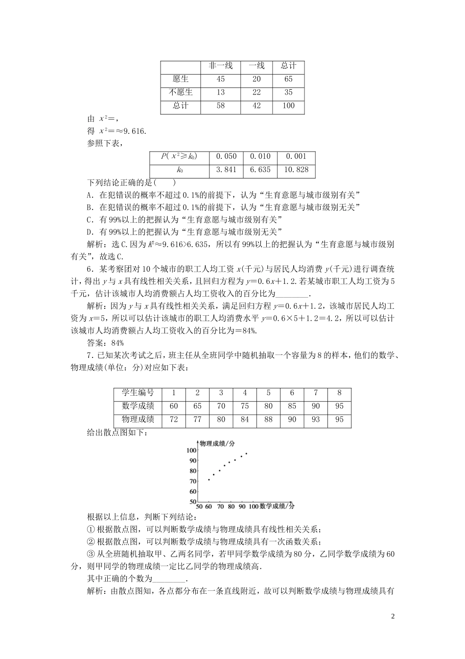 高考数学一轮复习 第十一章 统计与统计案例 第3讲 变量间的相关关系、统计案例练习 理 北师大版-北师大版高三全册数学试题_第2页