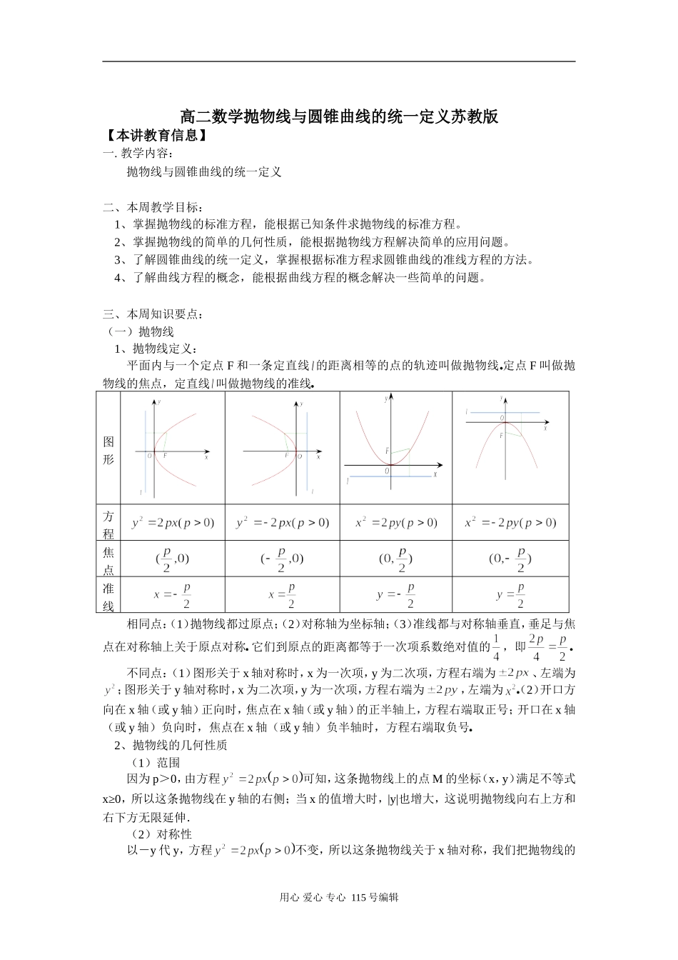 高二数学抛物线与圆锥曲线的统一定义苏教版知识精讲_第1页