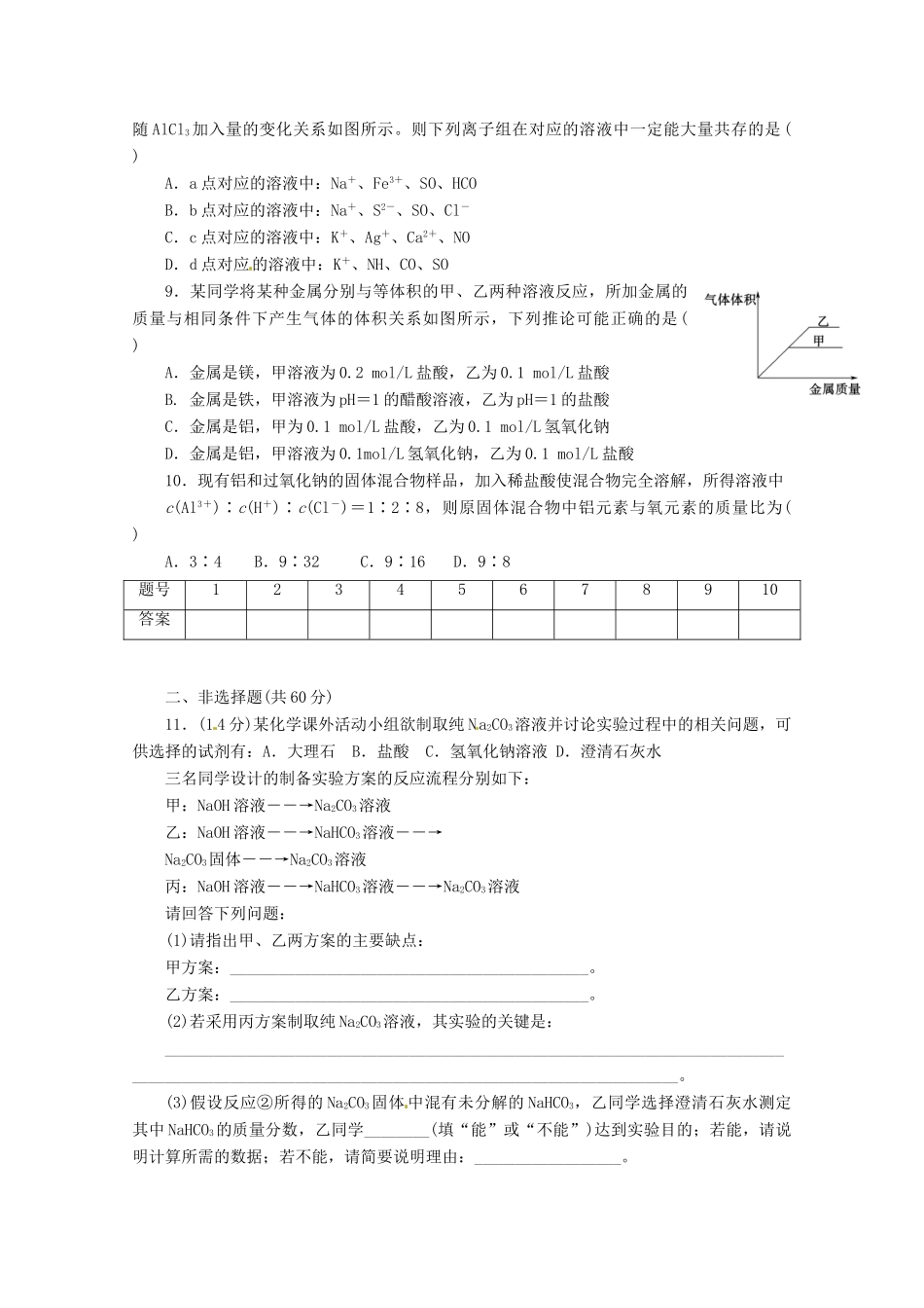湖北省监利县高一化学《钠、铝重要化合物》同步练习 新人教版_第2页