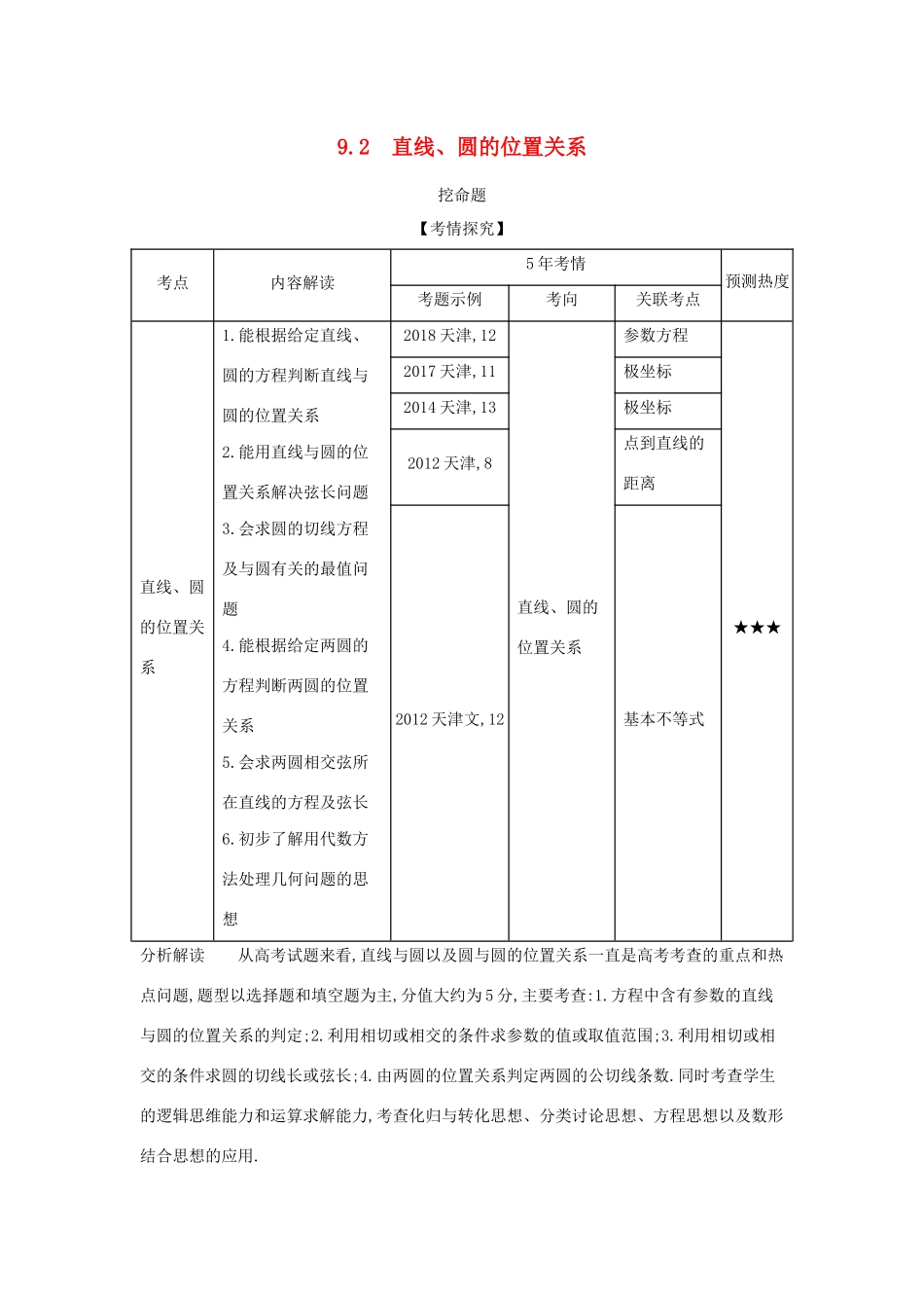 （天津专用）高考数学大一轮复习 9.2 直线、圆的位置关系精练-人教版高三全册数学试题_第1页