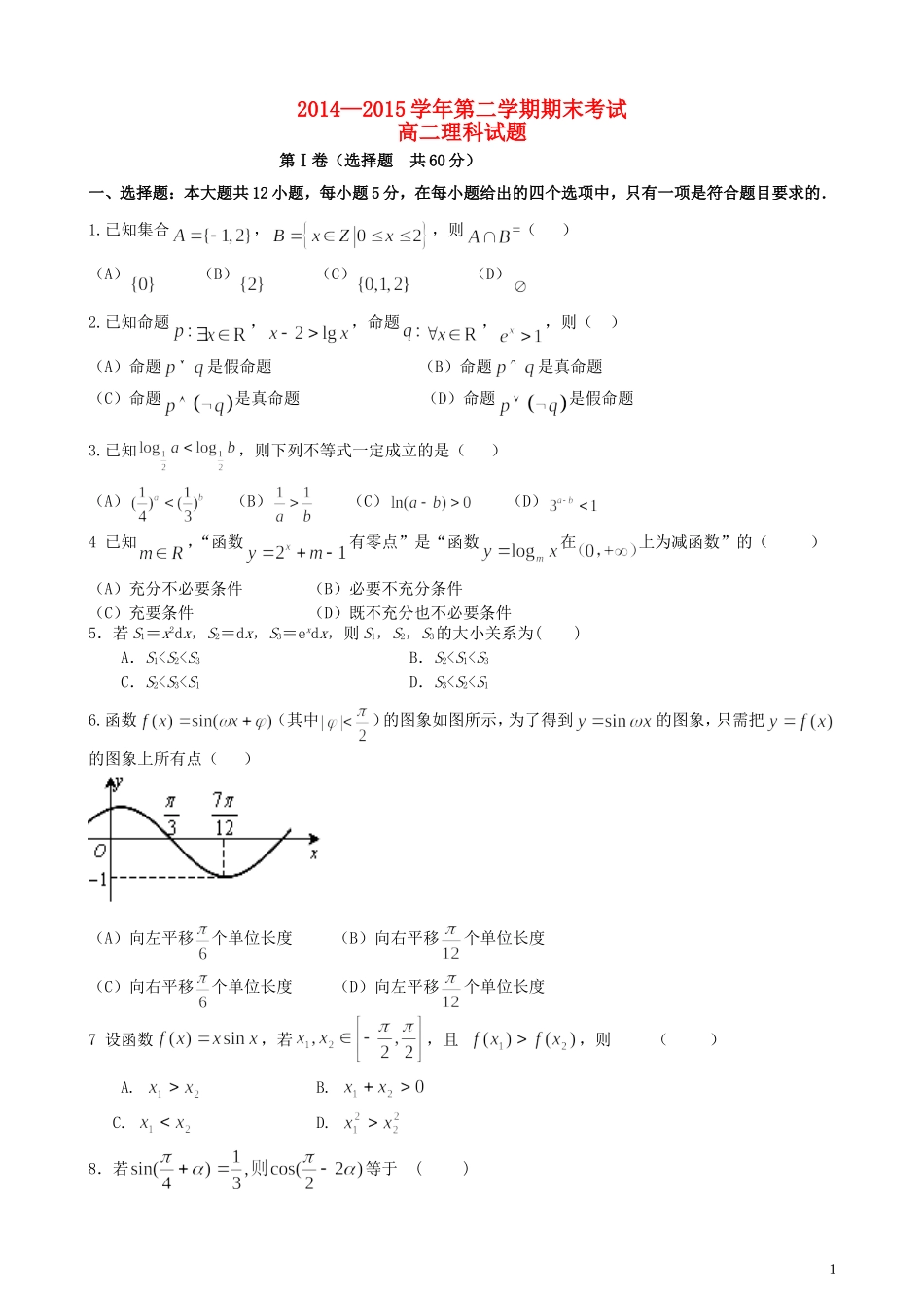 高二数学下学期末考试试题 理-人教版高二全册数学试题_第1页
