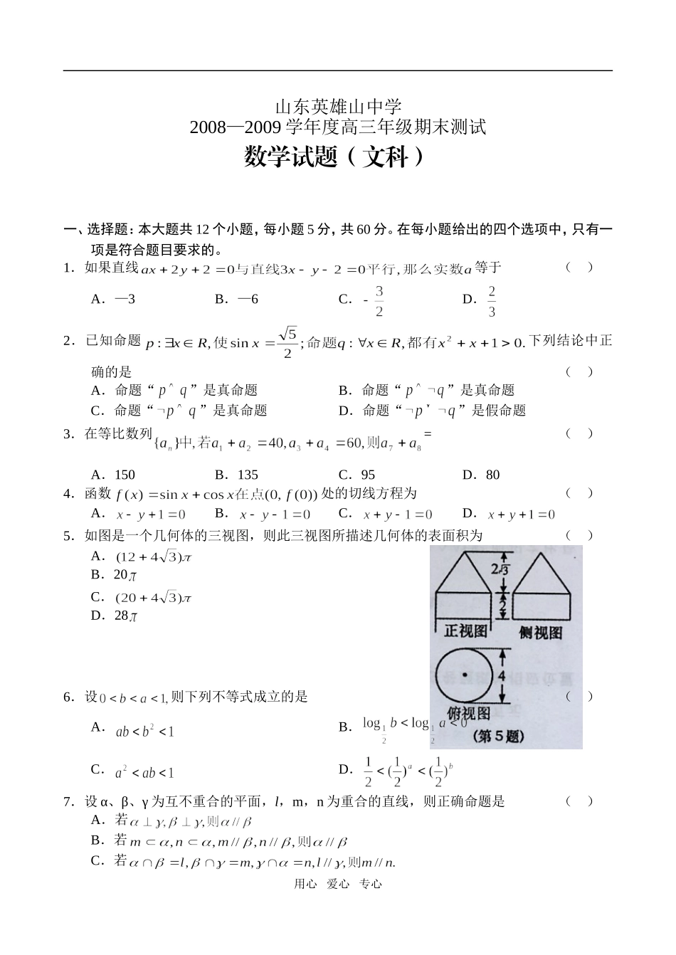 山东英雄山中学09届高三期末测试数学试题（文）_第1页