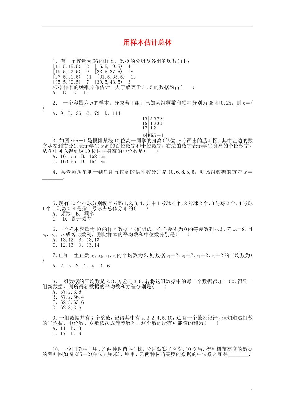高考数学一轮复习 用样本估计总体基础知识检测 文-人教版高三全册数学试题_第1页