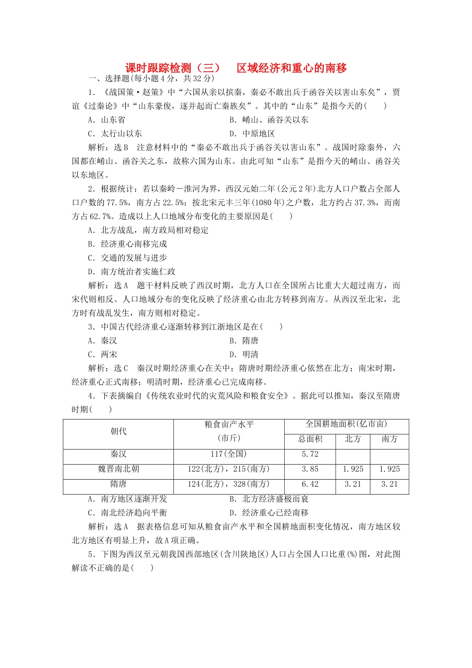 高中历史 第一单元 中国古代的农耕经济（三） 区域经济和重心的南移课时跟踪检测 岳麓版必修2-岳麓版高一必修2历史试题_第1页