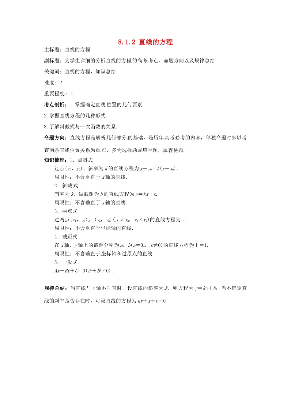 高考数学复习 专题15 解析几何 直线的方程考点剖析-人教版高三全册数学试题_第1页