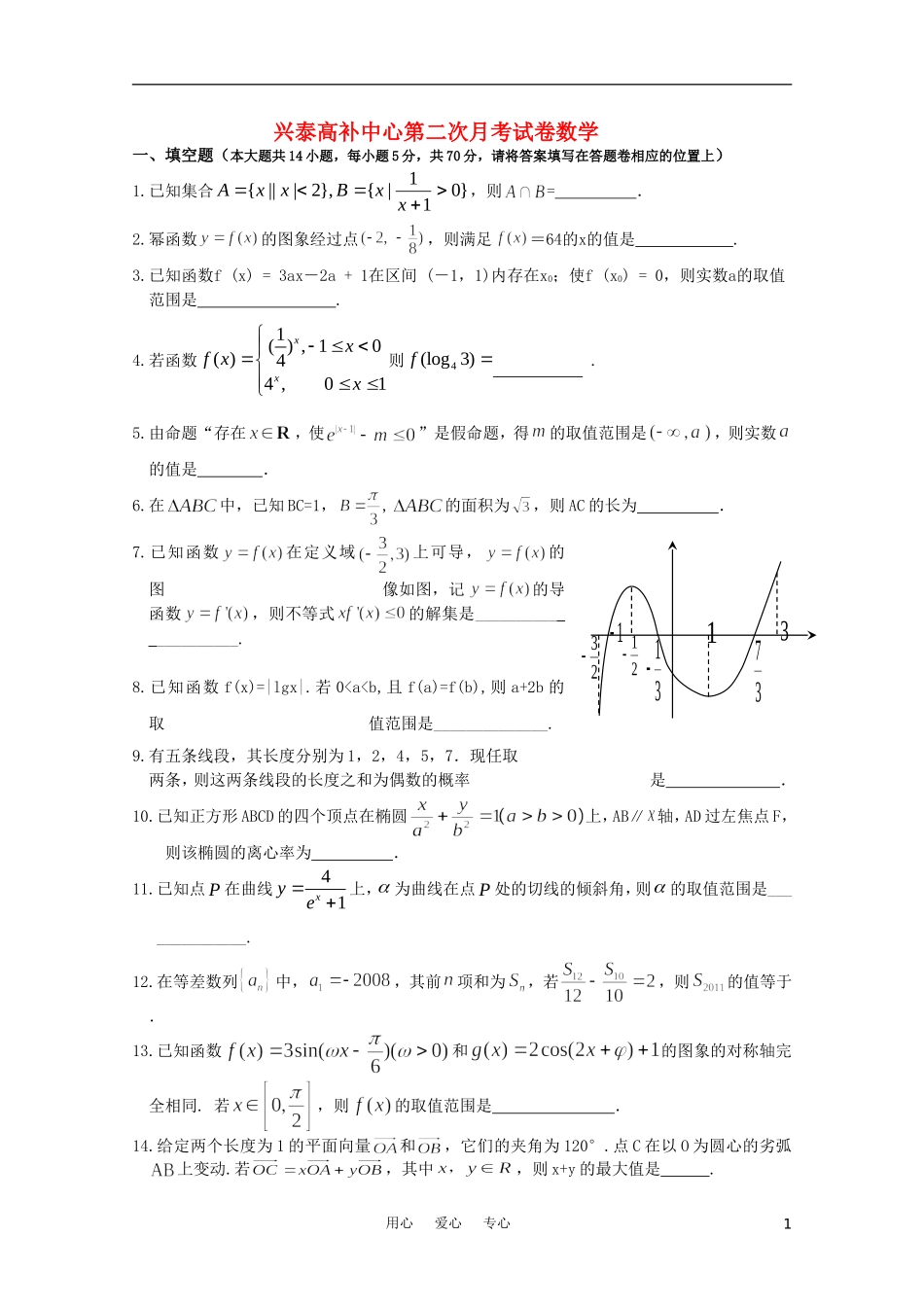 江苏省兴泰高补中心数学月考（二）苏教版_第1页