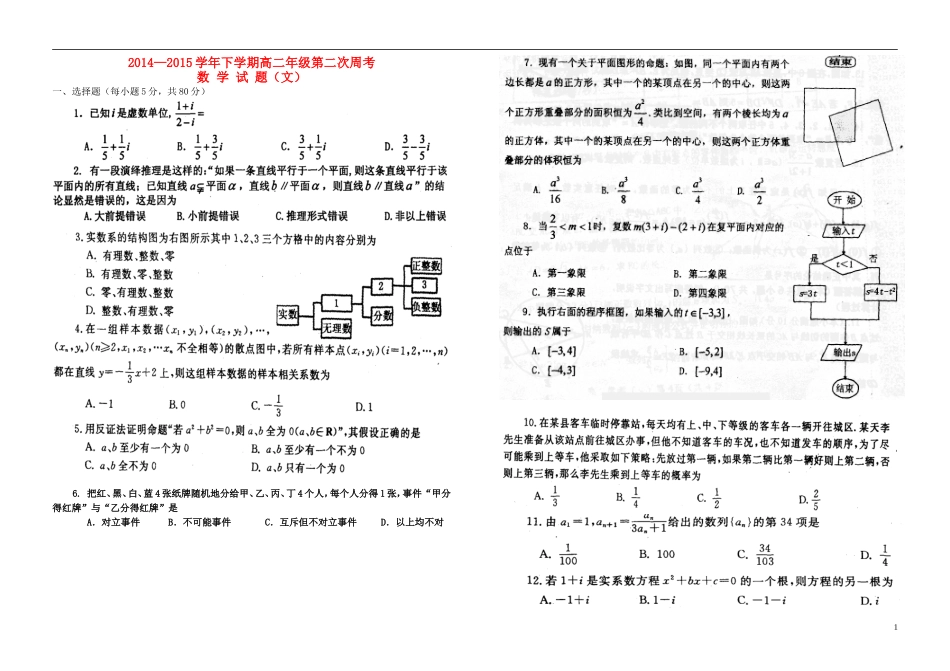 高二数学下学期第二次周考试题 文-人教版高二全册数学试题_第1页