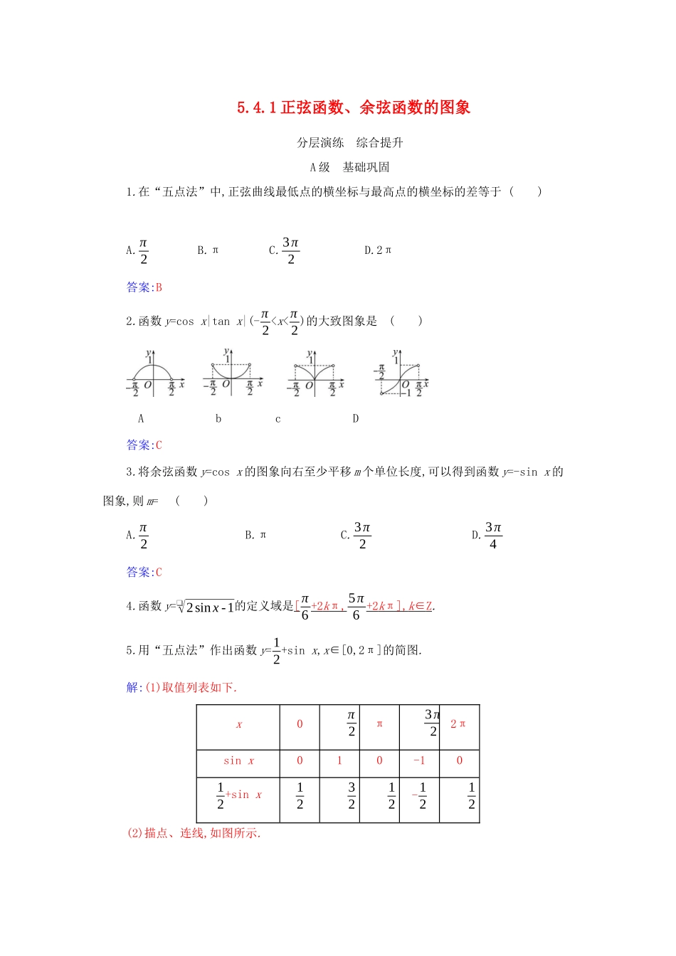 高中数学 第五章 三角函数 5.4 三角函数的图象与性质 5.4.1 正弦函数、余弦函数的图象分层演练（含解析）新人教A版必修第一册-新人教A版高一第一册数学试题_第1页
