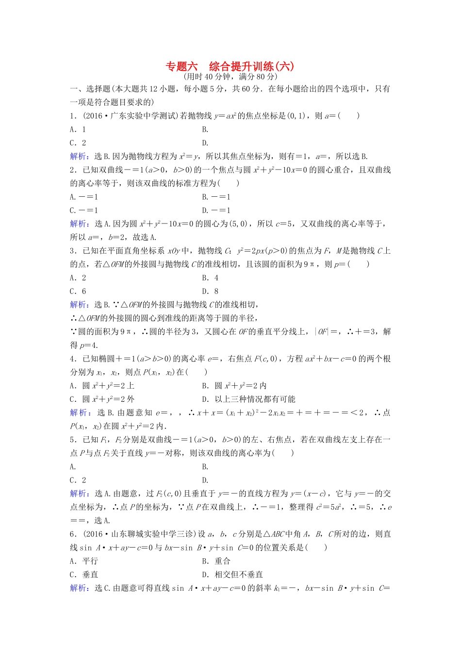 高考数学二轮复习 第1部分 小题速解方略—争取高分的先机 专题六 解析几何综合提升训练 理-人教版高三全册数学试题_第1页