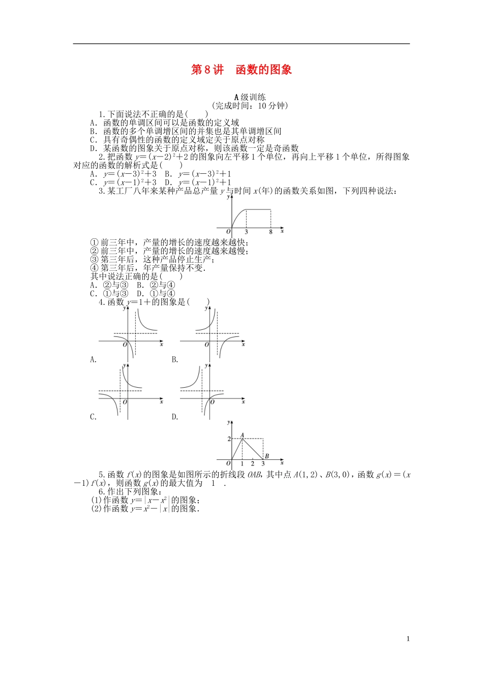 南方新高考高考数学大一轮总复习 2.8函数的图象课时作业 理-人教版高三全册数学试题_第1页