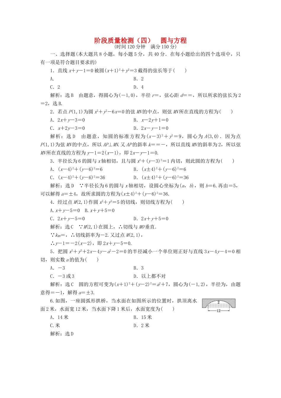 高中数学 阶段质量检测（四）圆与方程 新人教A版必修2-新人教A版高一必修2数学试题_第1页