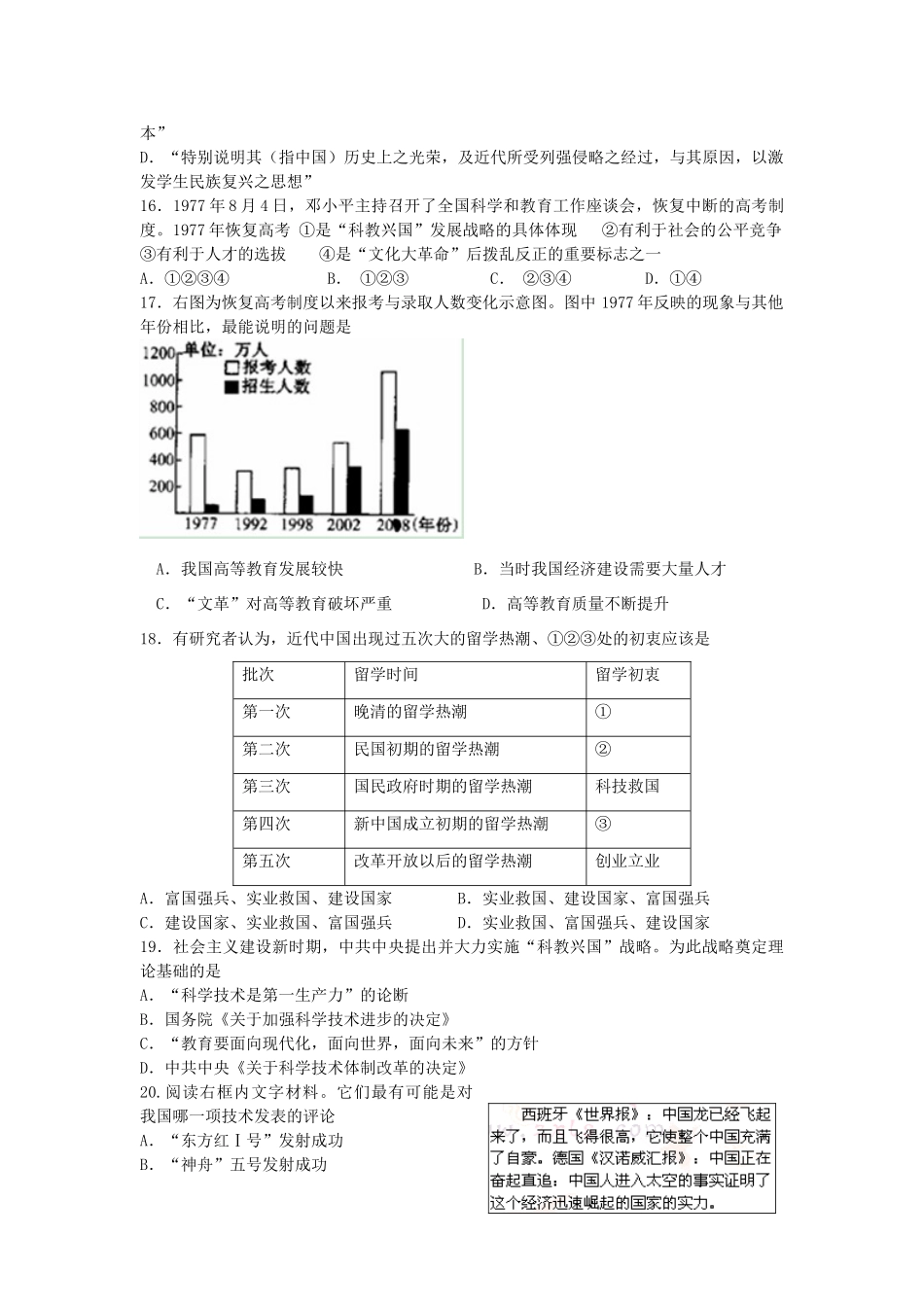 高中历史 专题五 现代中国的文化与科技学科作业（衔接文班）人民版必修3-人民版高一必修3历史试题_第3页
