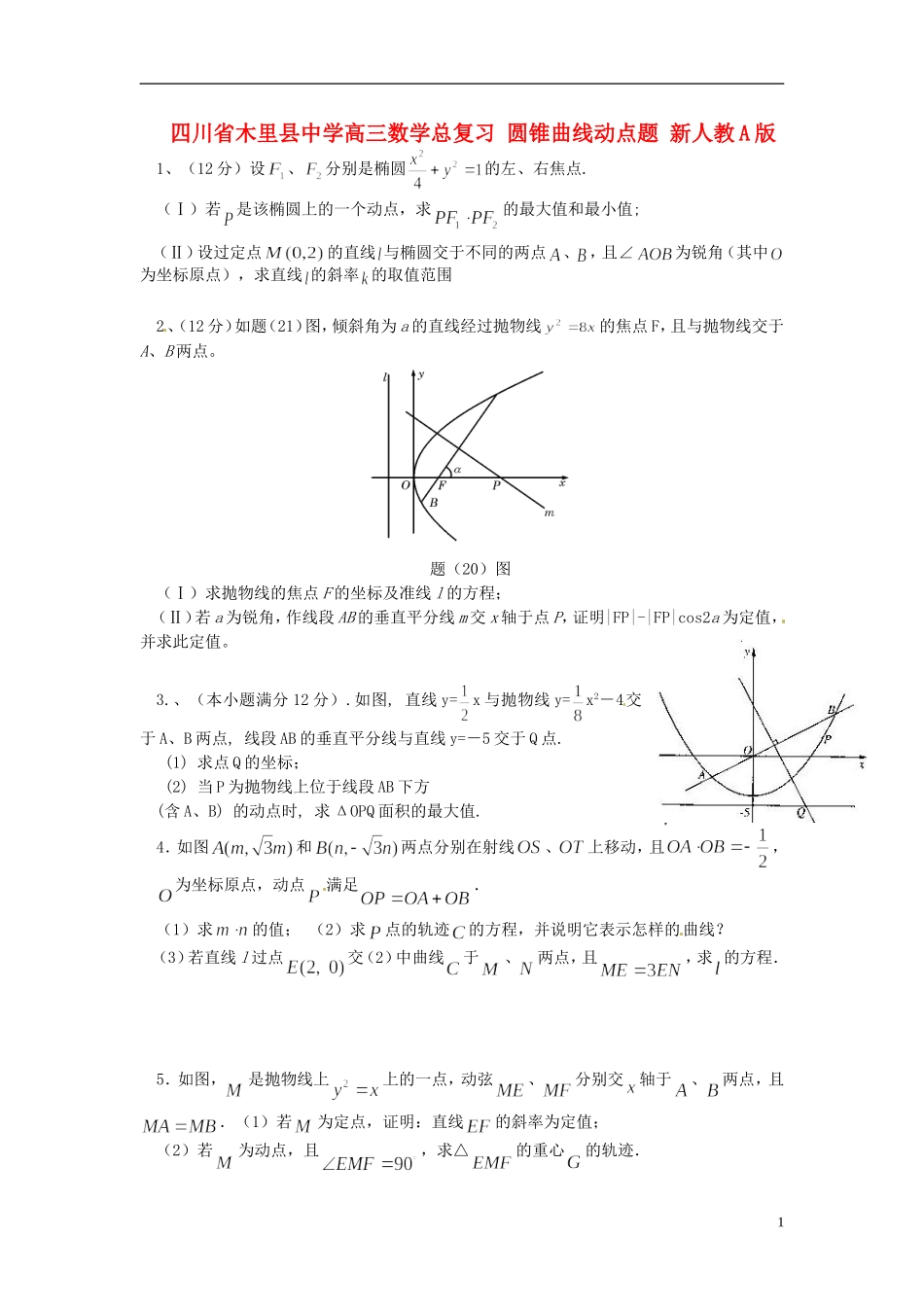 四川省木里县中学高三数学总复习 圆锥曲线动点题 新人教A版_第1页