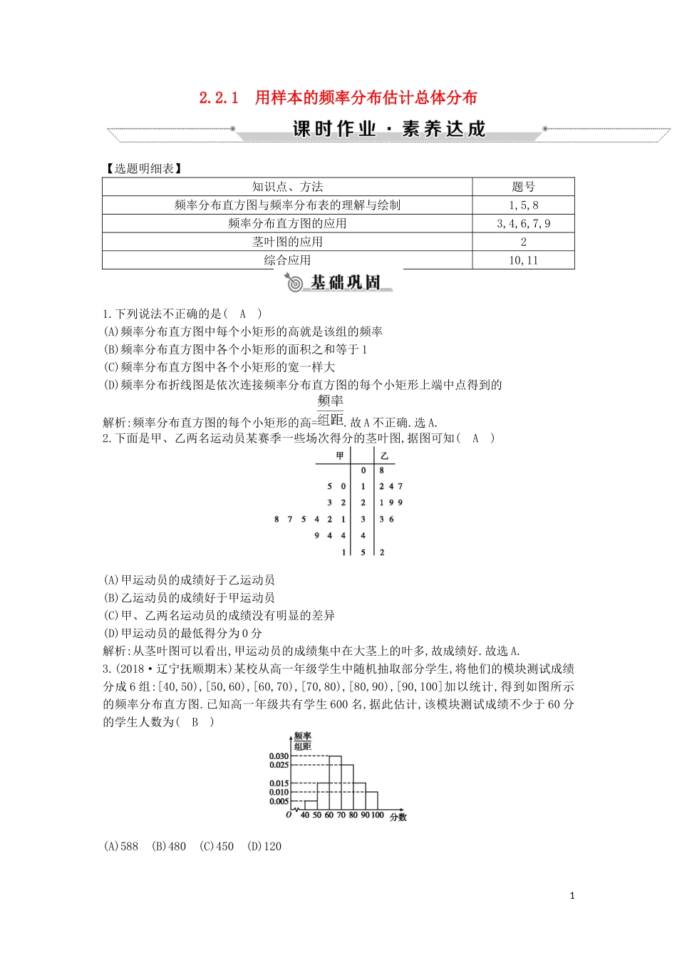 高中高中数学 第二章 统计 2.2.1 用样本的频率分布估计总体分布课时作业 新人教A版必修3-新人教A版高一必修3数学试题_第1页