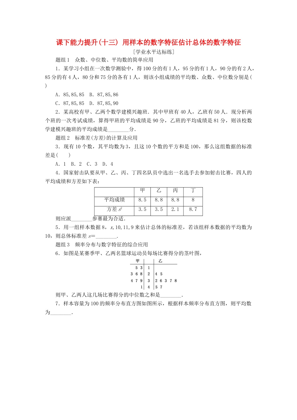 高中数学 课下能力提升（十三）用样本的数字特征估计总体的数字特征 新人教A版必修3-新人教A版高一必修3数学试题_第1页