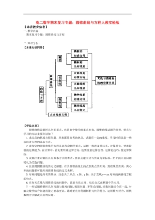 高二数学期末复习专题：圆锥曲线与方程人教实验版