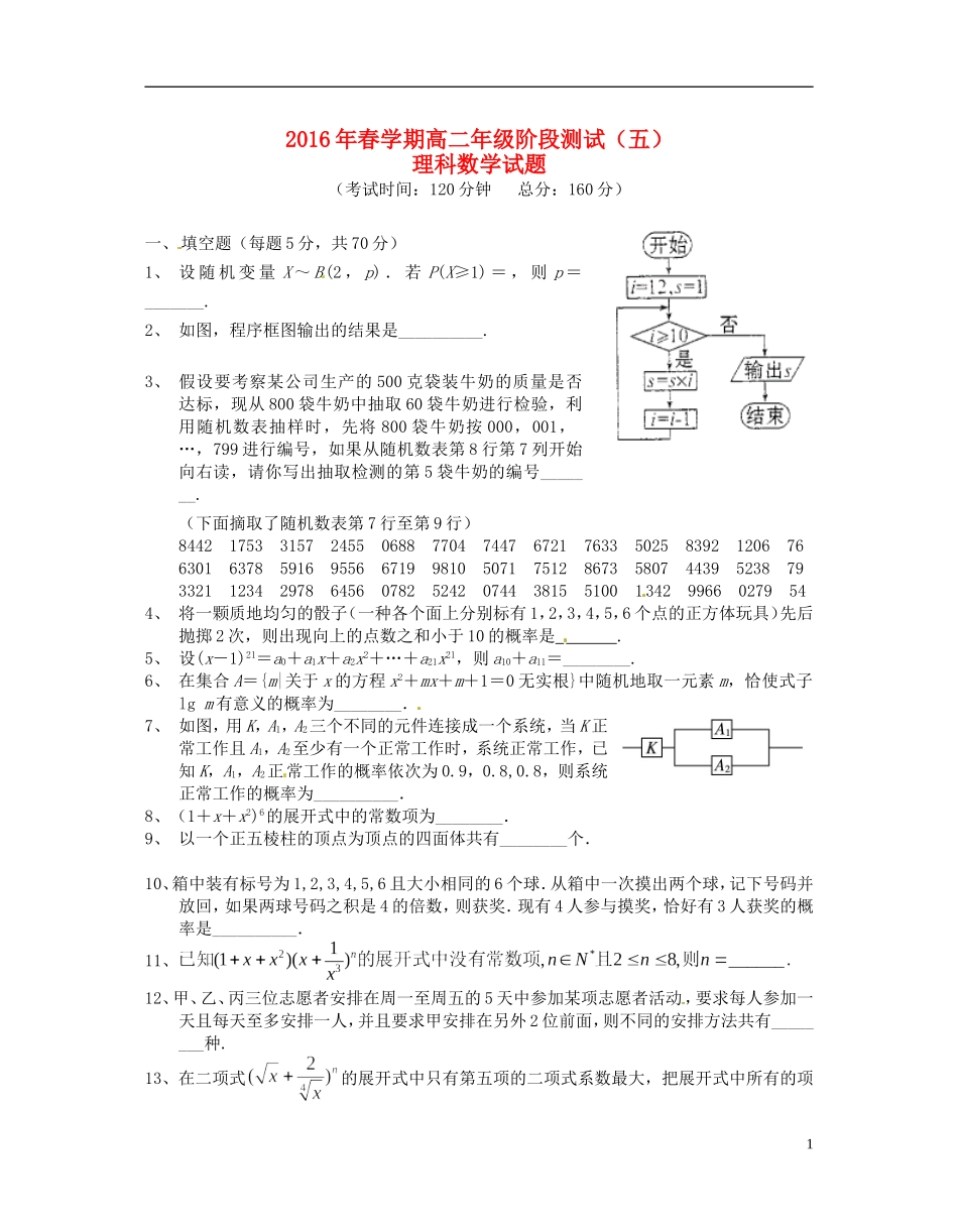 高二数学下学期第五次阶段测试试题 理-人教版高二全册数学试题_第1页