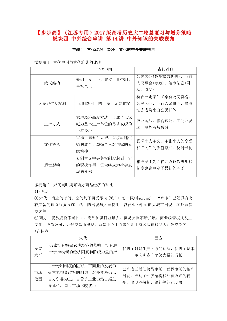 （江苏专用）高考历史大二轮总复习与增分策略 板块四 中外综合串讲 第14讲 中外知识的关联视角-人教版高三全册历史试题_第1页