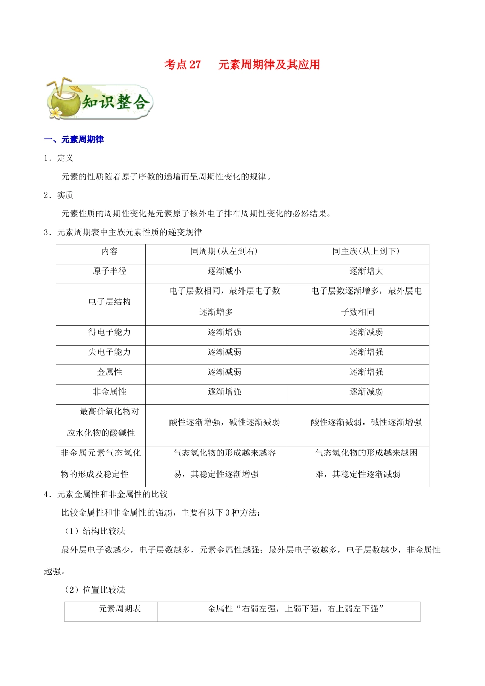 备战高考化学 一遍过考点27 元素周期律及其应用（含解析）-人教版高三全册化学试题_第1页