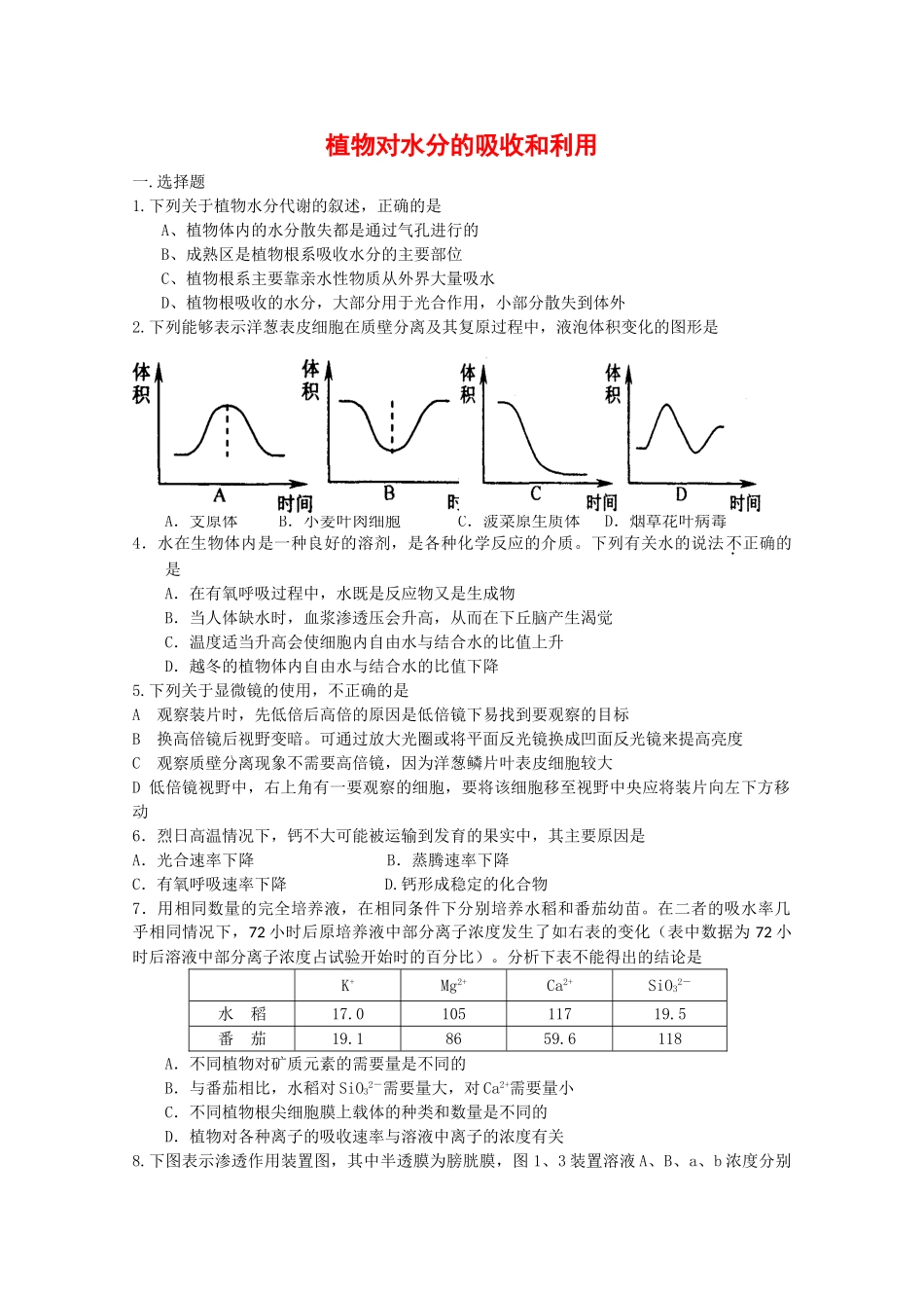 高一生物：3.4《植物对水分的吸收和利用》测试（1）旧人教版_第1页