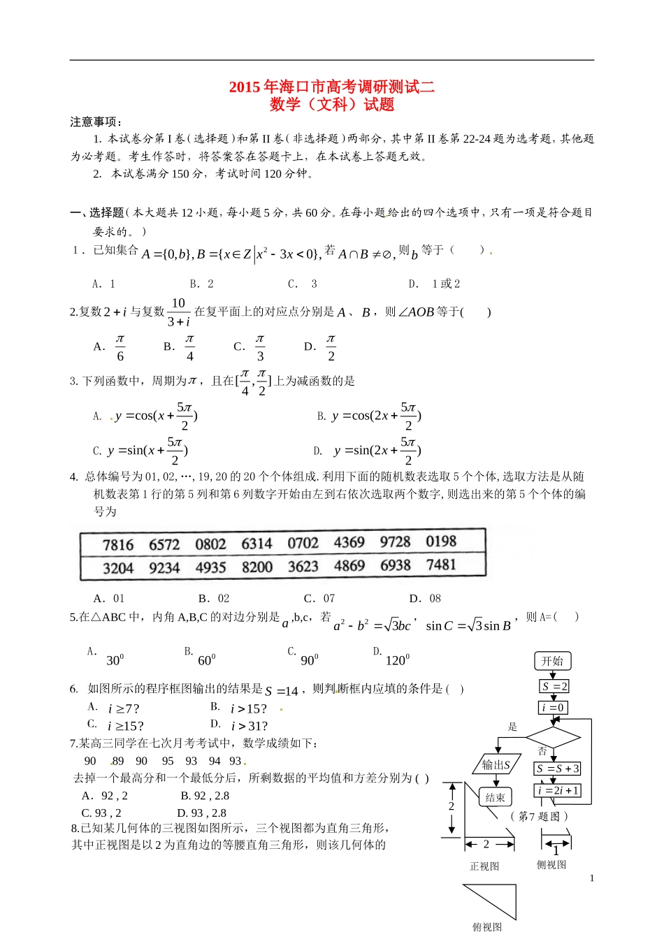 海南省海口市高考数学调研测试试题（二）理-人教版高三全册数学试题_第1页