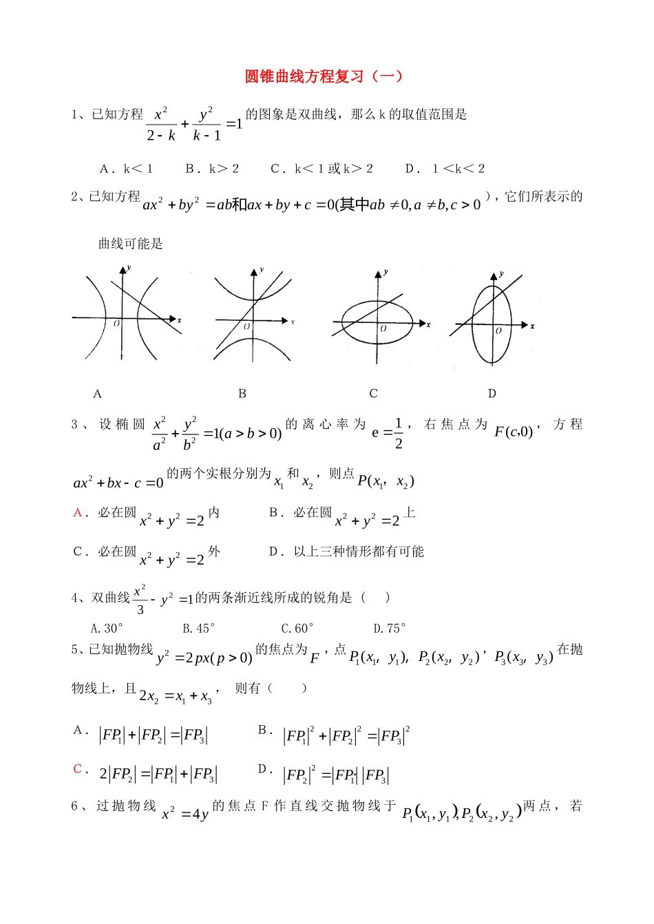 高二数学圆锥曲线复 习新课标人教A版选修2-1_第1页