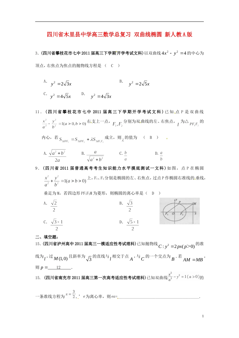 四川省木里县中学高三数学总复习 双曲线椭圆 新人教A版_第1页