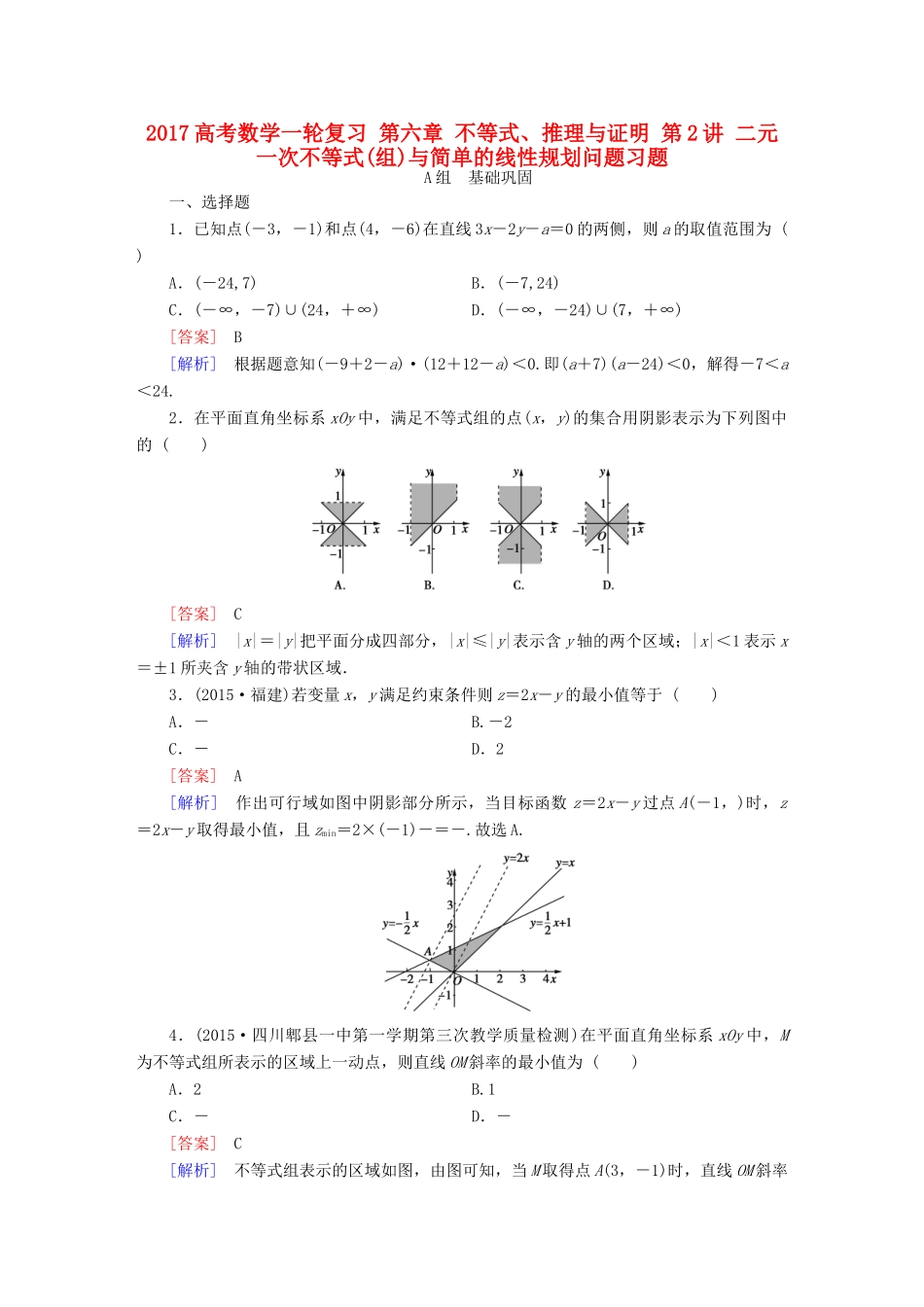 （新课标）高考数学一轮复习 第六章 不等式、推理与证明 第2讲 二元一次不等式(组)与简单的线性规划问题习题-人教版高三全册数学试题_第1页