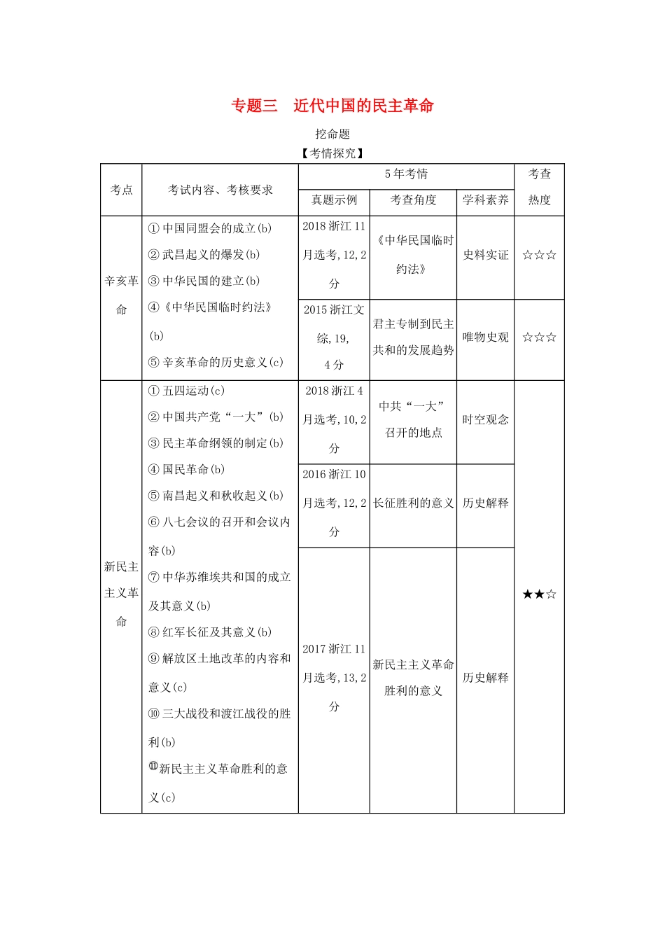 （浙江专版 ）高考历史一轮总复习 专题三 近代中国的民主革命教师用书（含解析）-人教版高三全册历史试题_第1页