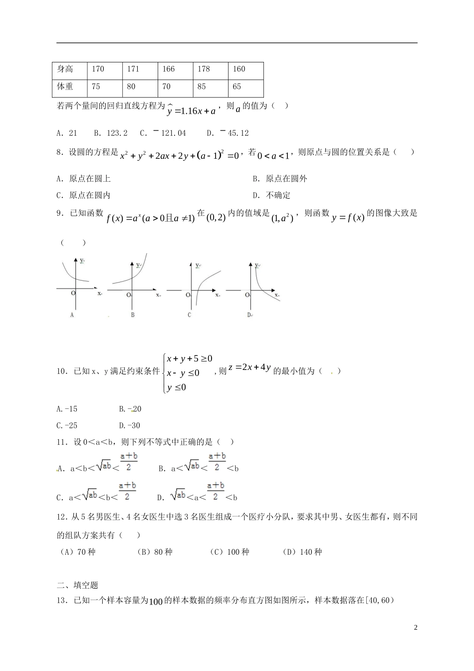 高二数学上学期期末考试试题（承智班）-人教版高二全册数学试题_第2页